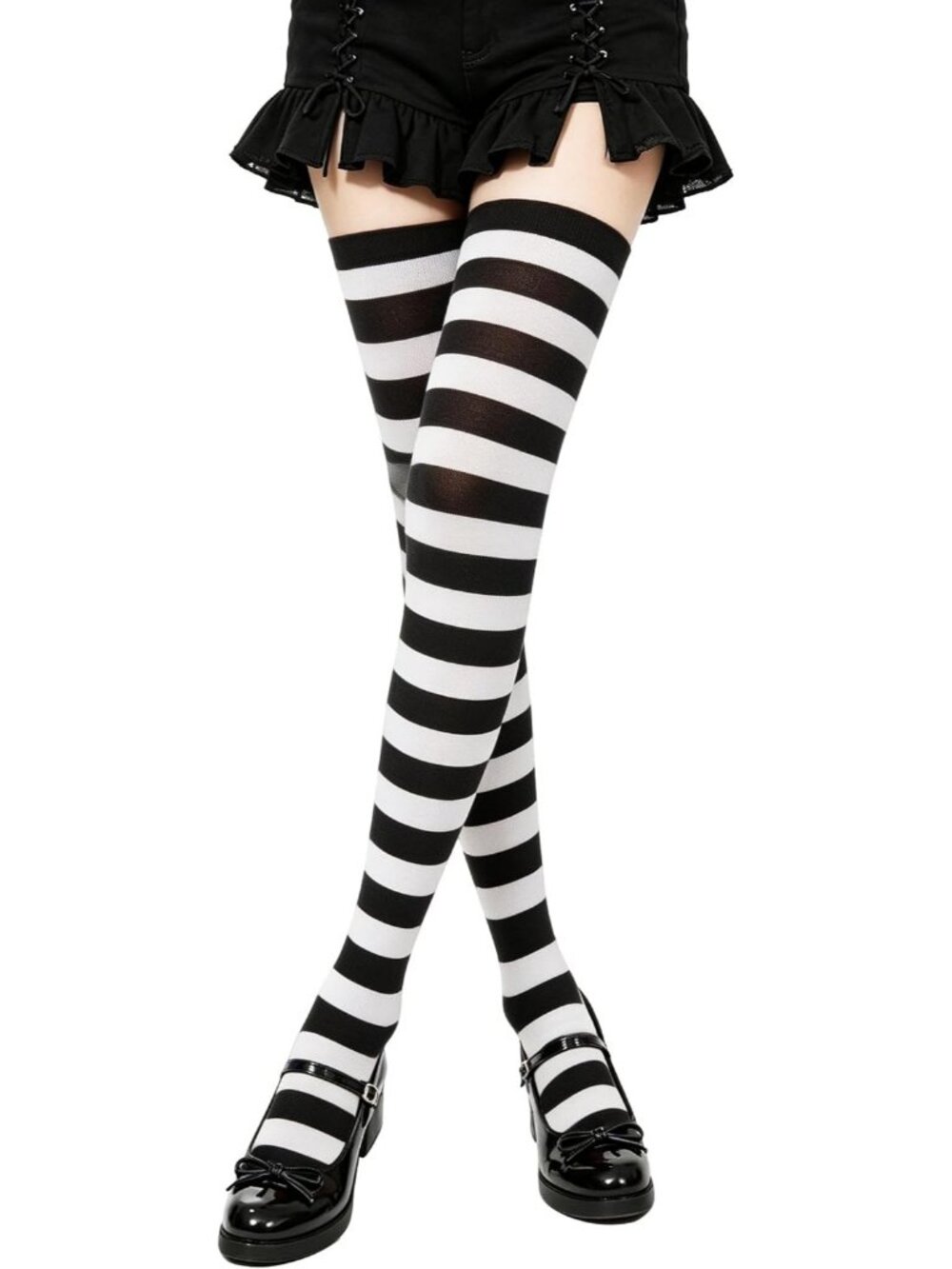 Women's  Black and White  Pumpkin Striped Thigh High Over Knee Halloween Socks